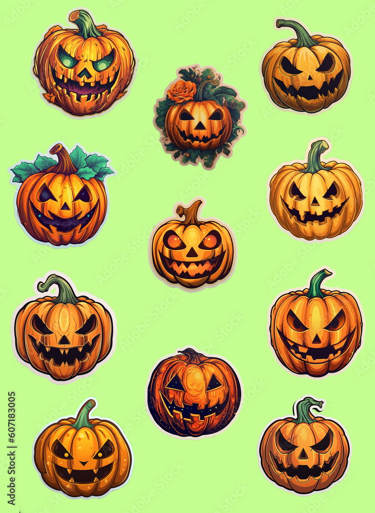 Set of stickers for Halloween with pumpkin in cartoon style Set of stickers for Halloween with pumpkin in cartoon style