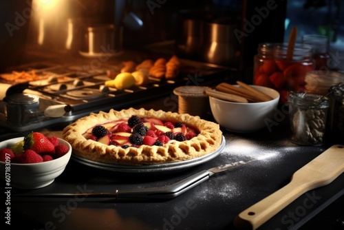 make pie with fruit in front modern oven stuff food photography