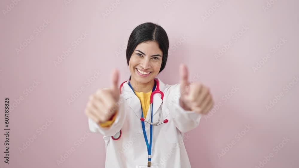 Young beautiful hispanic woman doctor doing thumbs up over isolated pink background Young beautiful hispanic woman doctor doing thumbs up over isolated pink background