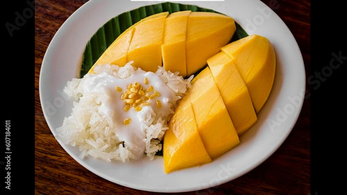 A beautiful picture that invites you to taste the image of Mango Sticky Rice, an Asian food that has a perfect balance of sweetness and oiliness.  available at Adobe Stock