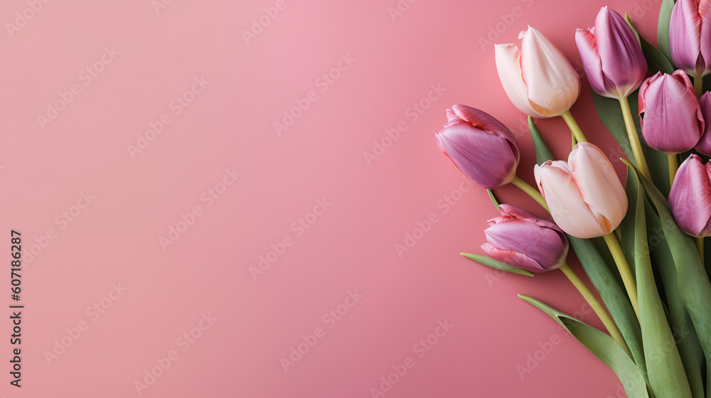 Beautiful bouquet of colorful tulip flowers on pink background, top view. Space for text Generative AI Beautiful bouquet of colorful tulip flowers on pink background, top view. Space for text Generative AI