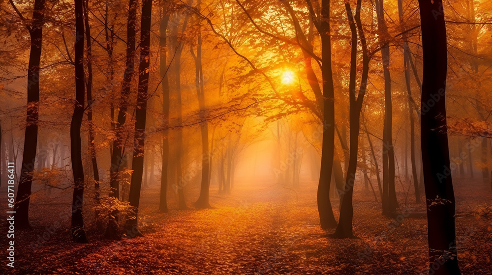 Magical autumn forest with sun rays in the evening. Trees in fog. Colorful landscape with foggy forest, gold sunlight, orange foliage at sunset. Fairy forest in autumn. Fall woods.Enchanted tree Gener