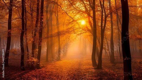 Magical autumn forest with sun rays in the evening. Trees in fog. Colorful landscape with foggy forest, gold sunlight, orange foliage at sunset. Fairy forest in autumn. Fall woods.Enchanted tree Gener