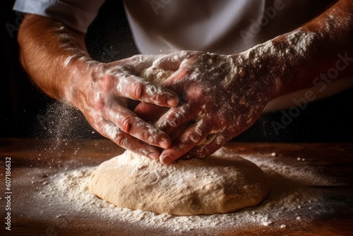 Pizzaiolo sprinkling flour onto a wooden surface and stretching pizza dough with both hands, illustrating the handmade and artisanal nature of pizza-making. Generative AI