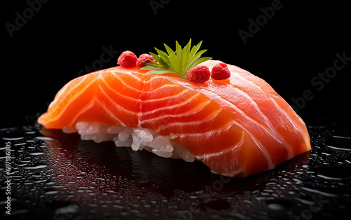 Japanese sushi, [salmon nigiri] An alluring image that flawlessly captures the deliciousness of succulent salmon nigiri, artistically presented through the lens of food photography, epi Generative AI