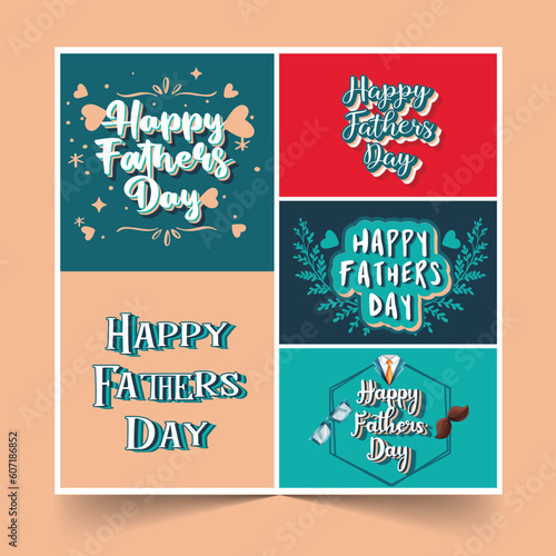 Happy Father’s Day hand written lettering greeting card Set. Greetings and presents for Father's Day in flat lay styling. Fathers Day Lettering Calligraphic Emblems, Badges Set, Fathers Day Promotion 