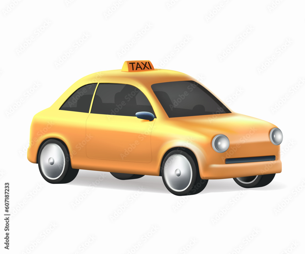 Taxi. Car Vector icon isolated on white background. Taxi 3D icon. Yellow taxi car with roof sign. UI icon. Yellow modern cab for city driving app