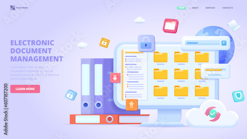 File manager, electronic document storage, document synchronisation, collecting and organisation. 3d design concept for landing page. Three dimensional vector illustration for website, print, banner