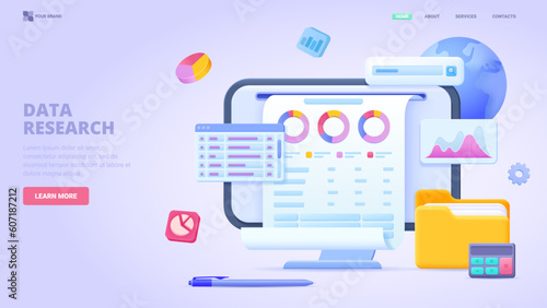 Data research, information search, entry and collecting, data analysis, big data, report. 3d design concept for landing page. Three dimensional vector illustration for website, print, banner