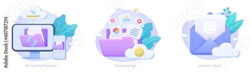 Cloud storage, email in cloud, data sync, data backup, file share between devices. 3d icon set for landing page. Three dimensional vector illustration collection for website, print, banner