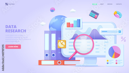 Data research, information search, entry and collecting, data analysis, big data, report. 3d design concept for landing page. Three dimensional vector illustration for website, print, banner