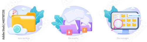 Data backup, electronic document management, cloud file storage, transfer files. 3d icon set for landing page. Three dimensional vector illustration collection for website, print, banner