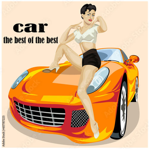 Retro style poster with car and girl