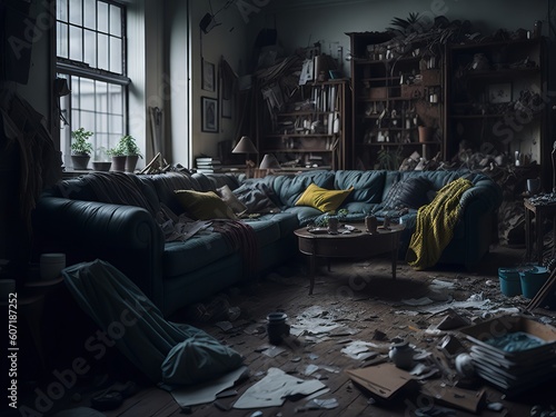 Very messy and dirty living room that needs the housework done. Generative AI 