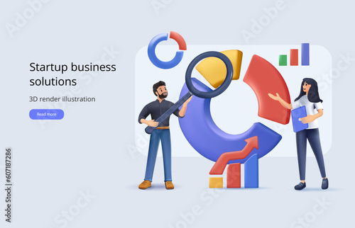 3D business statistical analysis concept. Marketing research, analytical department. 3D character man and woman with magnifying glass look at graphs charts. Cartoon 3D render illustration Vector