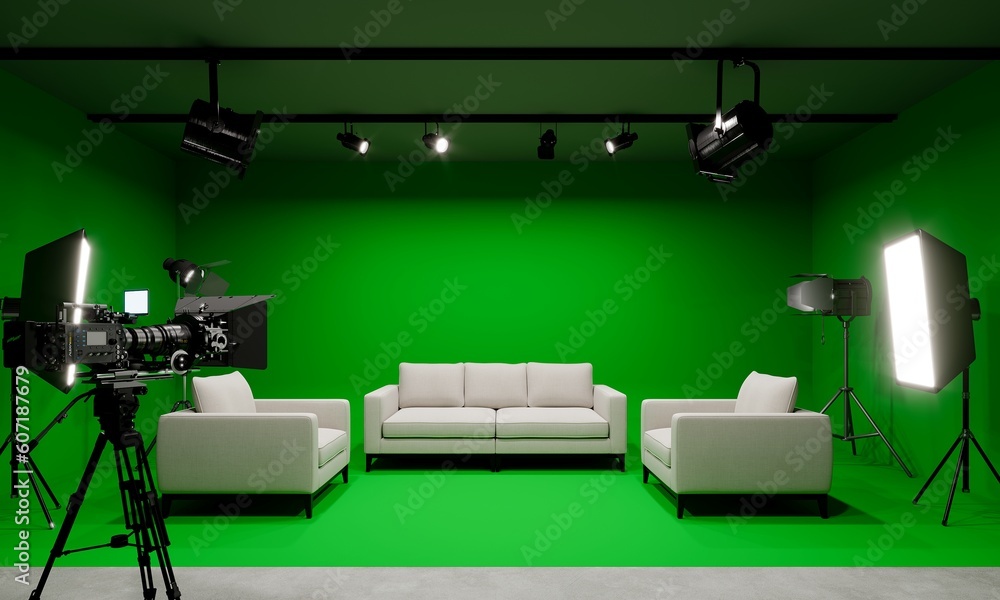 green screen photo studio with lighting and movie camera. 3D rendering