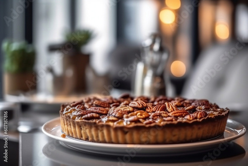 Pecan pie. Traditional pastries. American cuisine. Generative AI.
