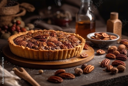 Pecan pie. Traditional pastries. American cuisine. Generative AI.