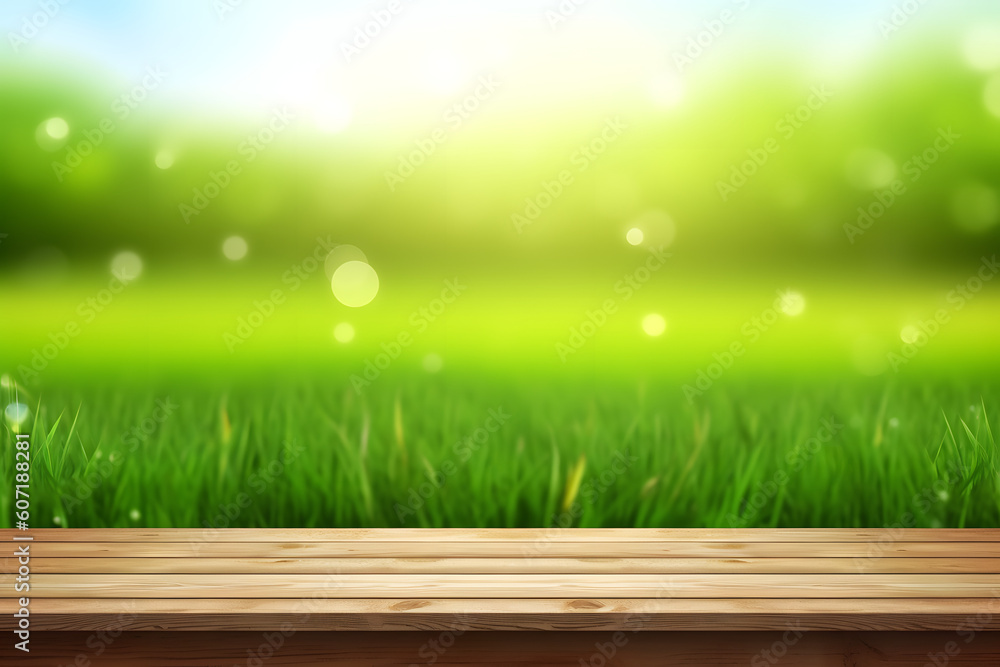 Fototapeta premium Green grass on wooden background, beautiful landscape with the sun shining down. Illustration, AI-Generated.
