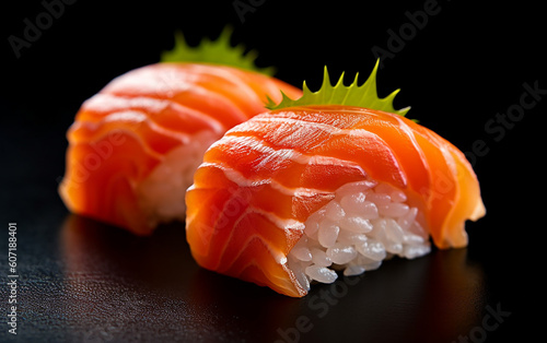 Japanese sushi, [salmon nigiri] A breathtaking photograph that beautifully captures the mouthwatering and succulent qualities of two pieces of salmon nigiri, highlighting the finesse of Generative AI