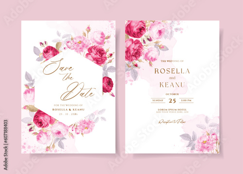 A watercolor wedding invitation card template with pink and red flowers decoration