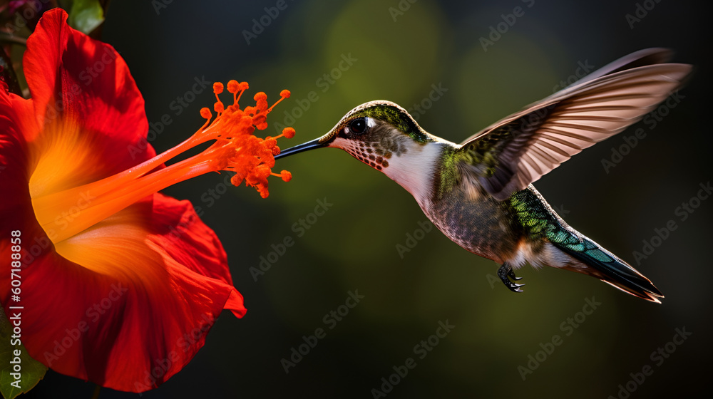 macro hummingbird feeding on an hibiscus flower Generative AI macro hummingbird feeding on an hibiscus flower Generative AI