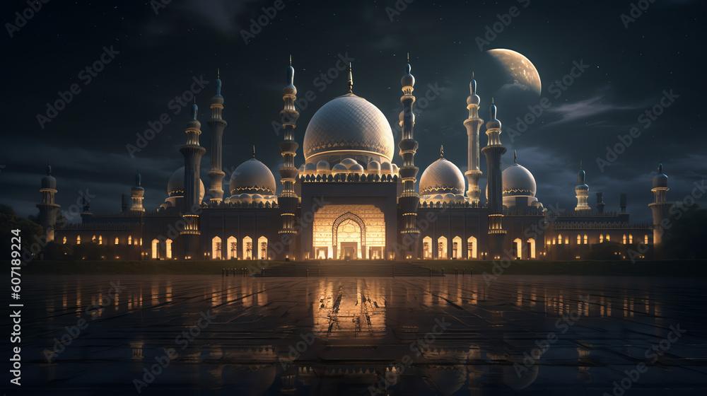 a night scene with a mosque in the middle of the night