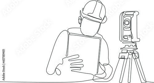 Close up of Caucasian worker with helmet on head using tablet for work while standing in warehouse. Surveyor with a tripod icon. Geodesic tripod. Vector illustration