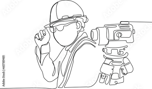 Close up of Caucasian worker with helmet on head using tablet for work while standing in warehouse. Surveyor with a tripod icon. Geodesic tripod. Vector illustration