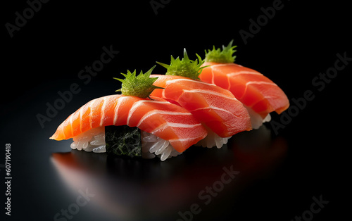  Japanese sushi, [salmon nigiri] A fantastic photograph capturing three delectable nigiri sushi with salmon, showcasing food artistry and gourmet cuisine. Generative A