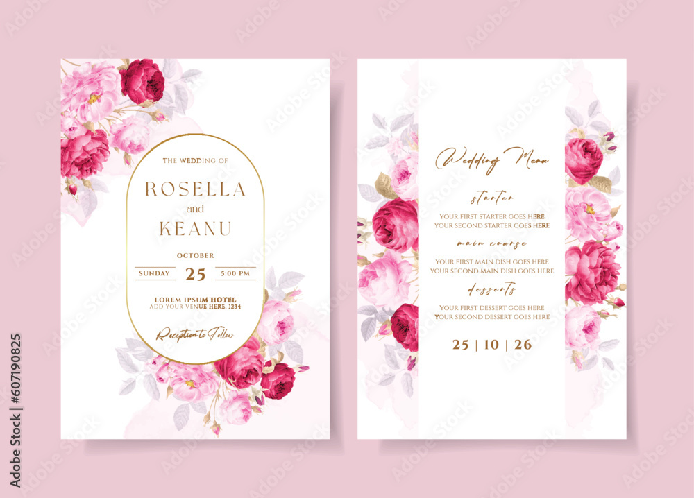 A watercolor wedding invitation card template with pink and red flowers decoration