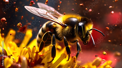 Close up of a bumble bee with yellow flower pollen explosion Generative AI