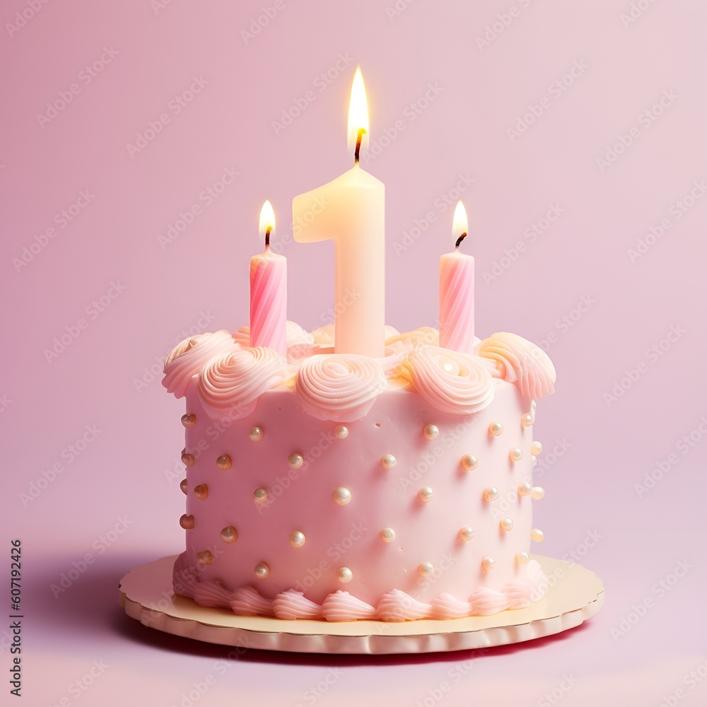 A light pink birthday cake with a lit, numerical one candle on top of it. A light pink birthday cake with a lit, numerical one candle on top of it.