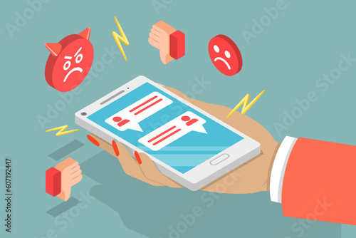 3D Isometric Flat Vector Conceptual Illustration of Angry Feedback, Online Dislike