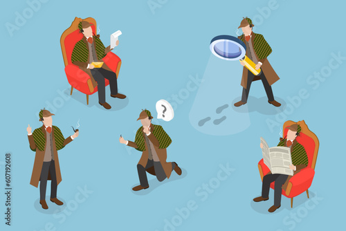 3D Isometric Flat Vector Set of Inspector Holmes Characters, Private Investigator photo