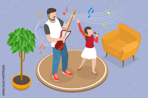 3D Isometric Flat Vector Conceptual Illustration of Family Concert, Father and Son Playing Music and Singing together