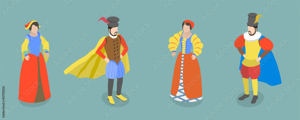 3D Isometric Flat Vector Set of Renaissance Characters, Medieval People 3D Isometric Flat Vector Set of Renaissance Characters, Medieval People