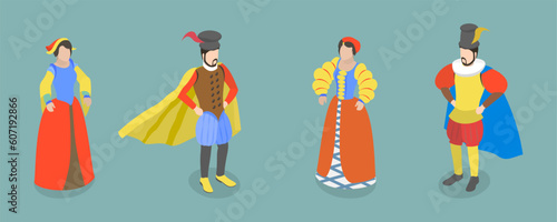 3D Isometric Flat Vector Set of Renaissance Characters, Medieval People