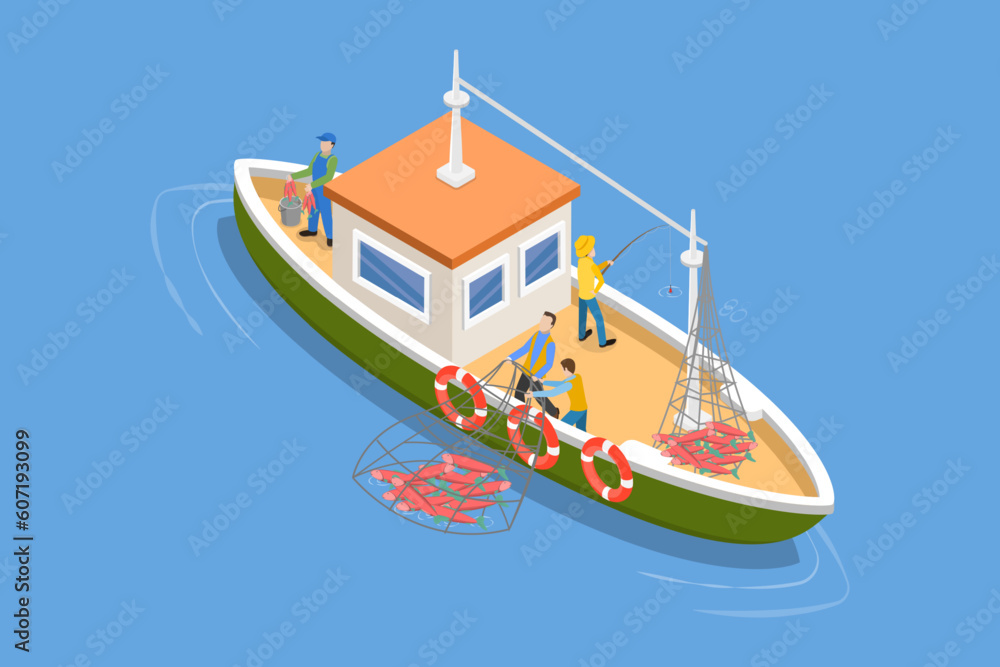3D Isometric Flat Vector Conceptual Illustration of Commercial Fishery, Fishing Ship with Full Fish Net
