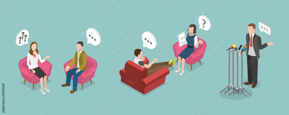 3D Isometric Flat Vector Conceptual Illustration of TV Interview, Celebrity Guest Talking 3D Isometric Flat Vector Conceptual Illustration of TV Interview, Celebrity Guest Talking