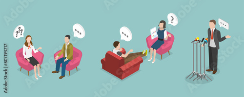 3D Isometric Flat Vector Conceptual Illustration of TV Interview, Celebrity Guest Talking
