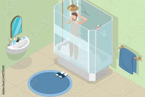3D Isometric Flat Vector Conceptual Illustration of Person Taking Shower, Morning Routine