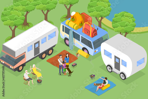 3D Isometric Flat Vector Conceptual Illustration of Caravan Camping, Camp for Recreational Vehicles © TarikVision
