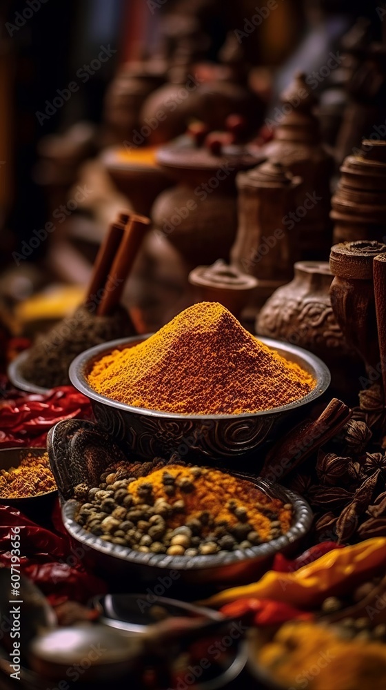 Spices and herbs in a shop. Generative AI