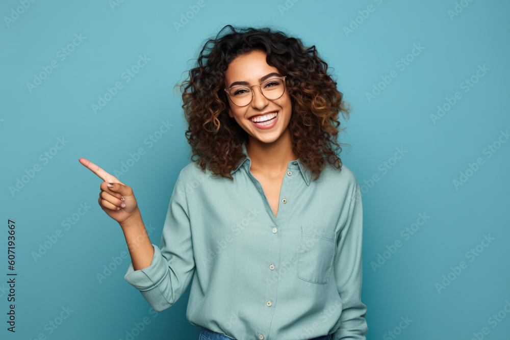 Young woman pointing finger to side, smiling adult girl isolated on blue background,. Concept of business, person, show, beauty.