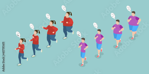 3D Isometric Flat Vector Conceptual Illustration of Running For Obese People, Stages of Loosing Weight