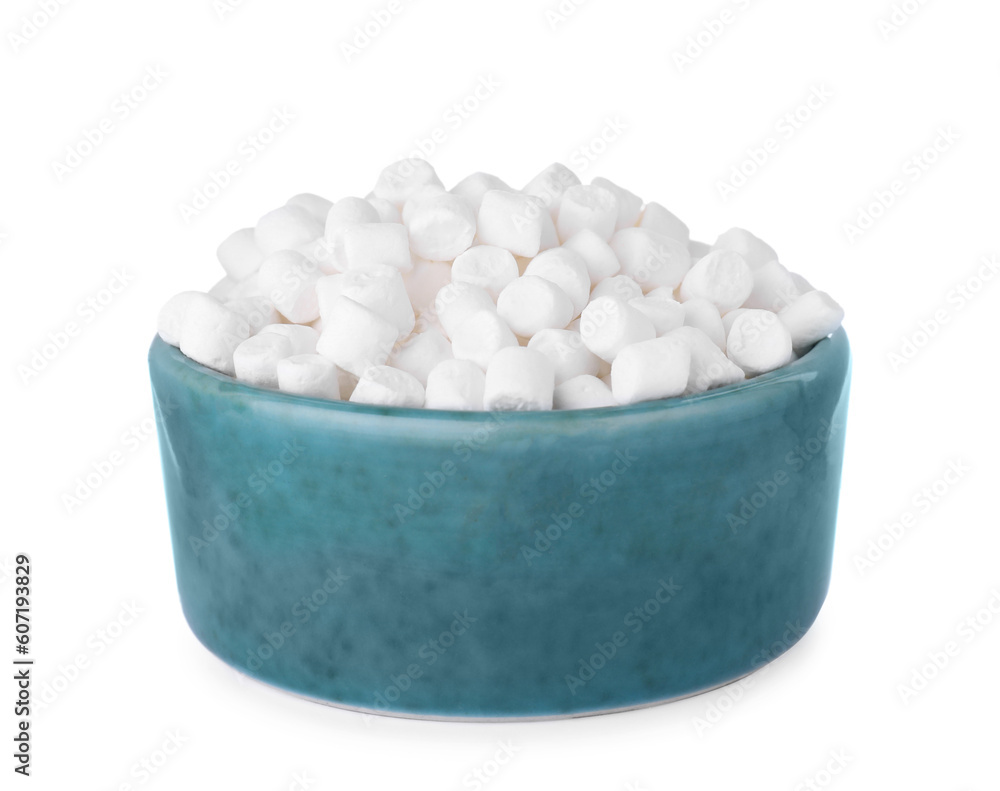 Bowl of delicious puffy marshmallows isolated on white Bowl of delicious puffy marshmallows isolated on white