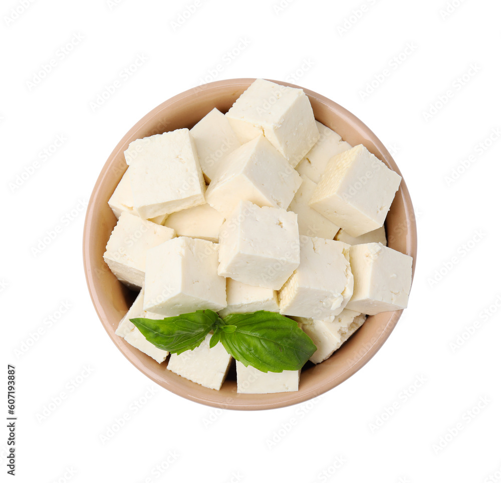 Delicious tofu cheese and basil isolated on white, top view Delicious tofu cheese and basil isolated on white, top view