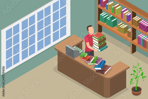 3D Isometric Flat Vector Conceptual Illustration of Bookstore or Libriary, Shelves and Books