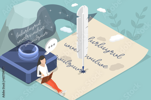 3D Isometric Flat Vector Conceptual Illustration of Poetry, Creative Arts Writing